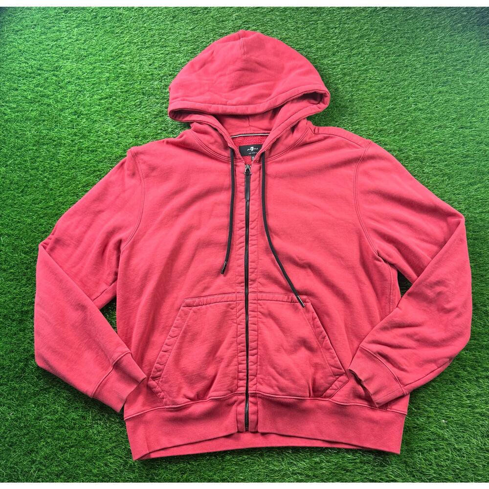 7 For All Mankind Hoodie Mens XL Red Full Zip Hooded Sweatshirt Jacket Pockets